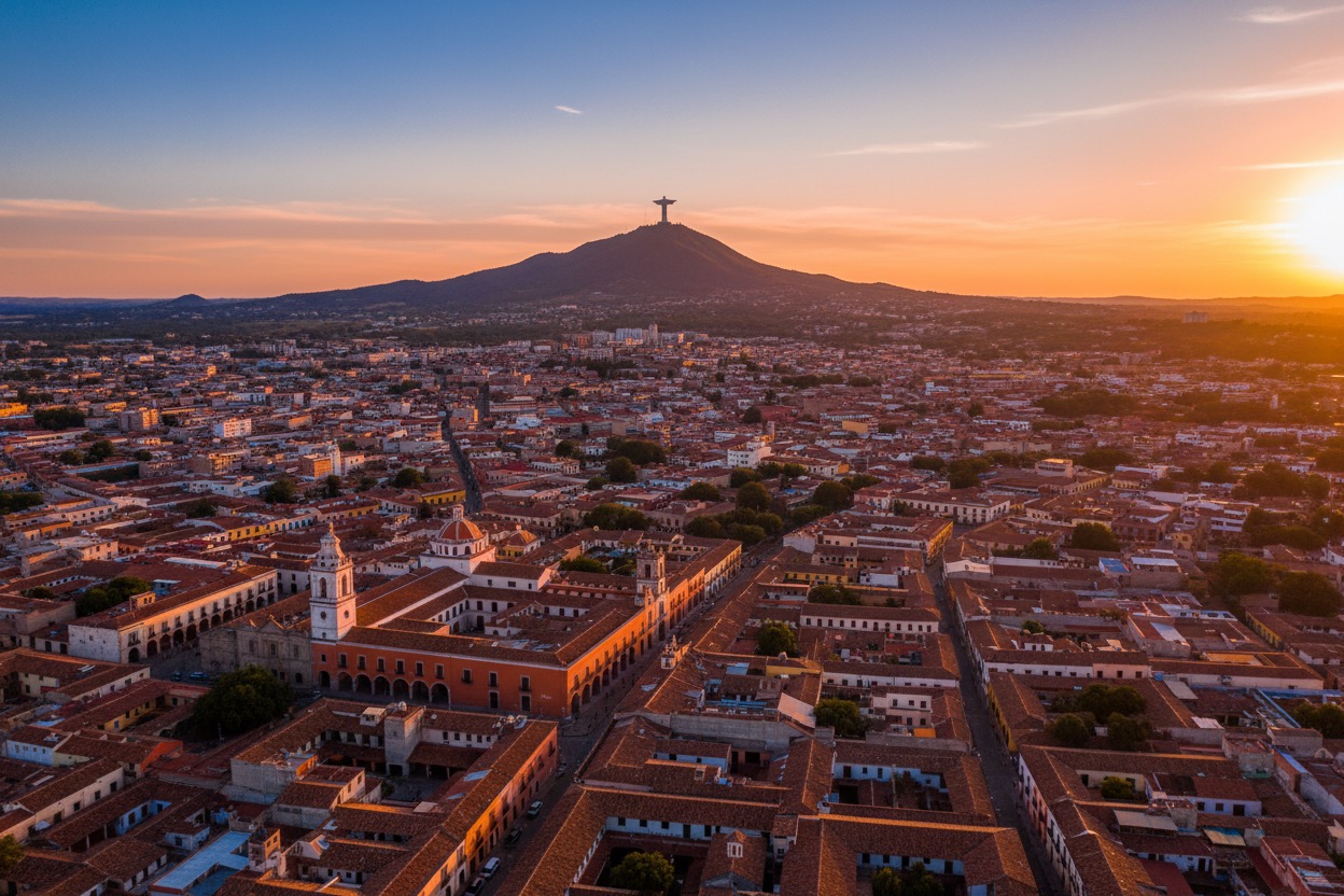 Vista aérea de la ciudad de Oaxaca al atardecer con el Cerro del Fortín y el monumento a Cristo Rey al fondo.